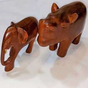 Carved Wooden Elephant & Hippo